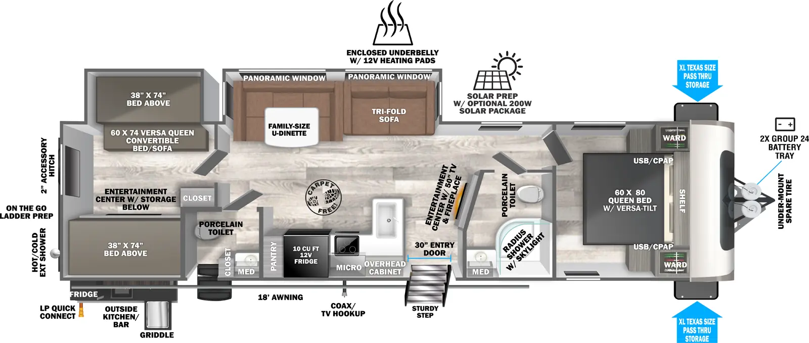 The Heritage Glen Travel Trailers 314BUD has two entries and two slide outs. Exterior features include: fiberglass exterior, 18' awning and outside kitchen. Interiors features include: bunk beds, u-dinette and front bedroom.